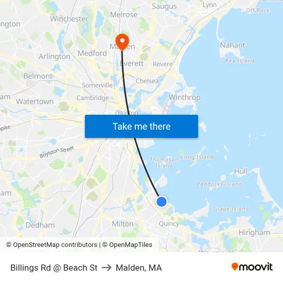 Billings Rd @ Beach St to Malden, MA map