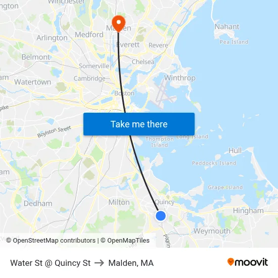 Water St @ Quincy St to Malden, MA map