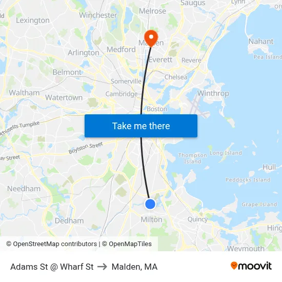 Adams St @ Wharf St to Malden, MA map