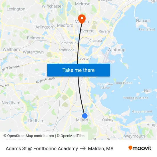 Adams St @ Fontbonne Academy to Malden, MA map