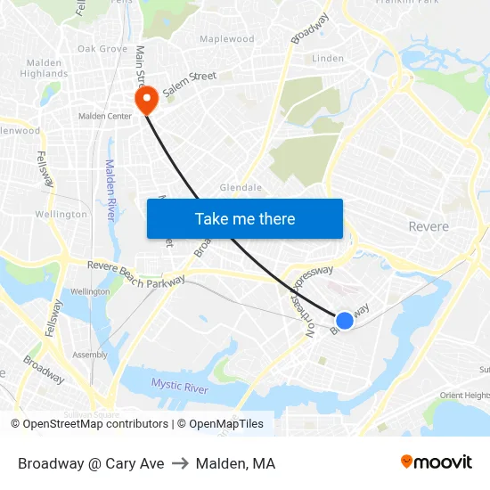 Broadway @ Cary Ave to Malden, MA map
