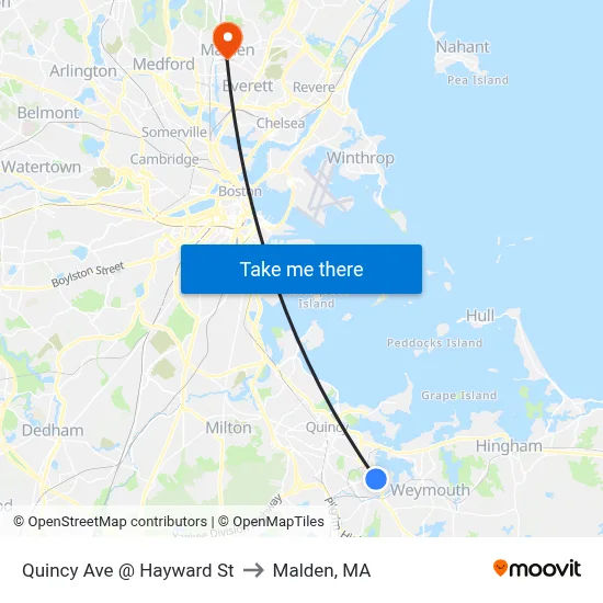 Quincy Ave @ Hayward St to Malden, MA map