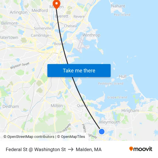 Federal St @ Washington St to Malden, MA map