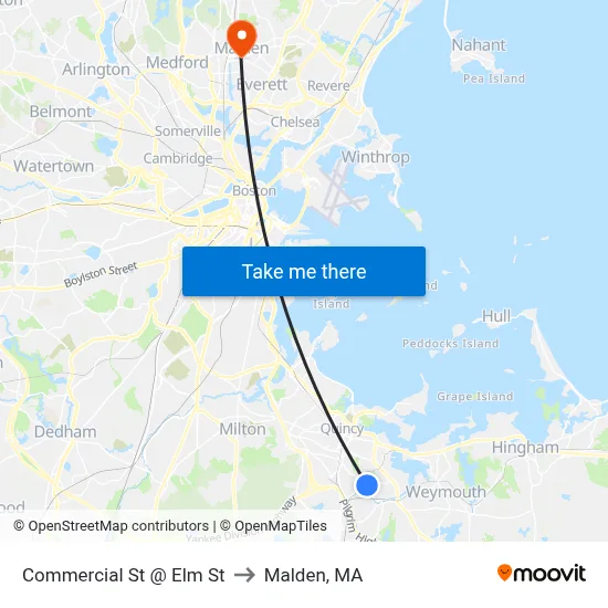Commercial St @ Elm St to Malden, MA map