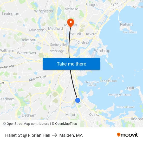 Hallet St @ Florian Hall to Malden, MA map