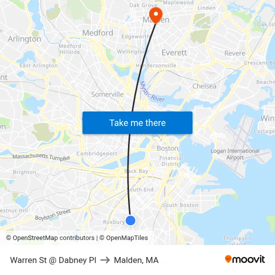 Warren St @ Dabney Pl to Malden, MA map