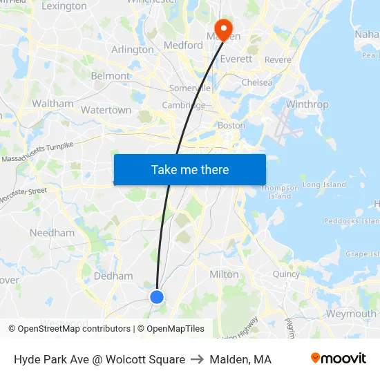 Hyde Park Ave @ Wolcott Square to Malden, MA map