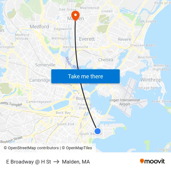 E Broadway @ H St to Malden, MA map