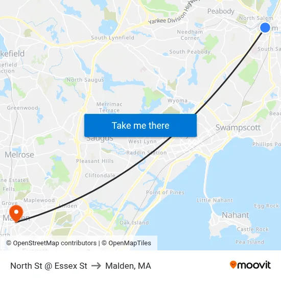 North St @ Essex St to Malden, MA map