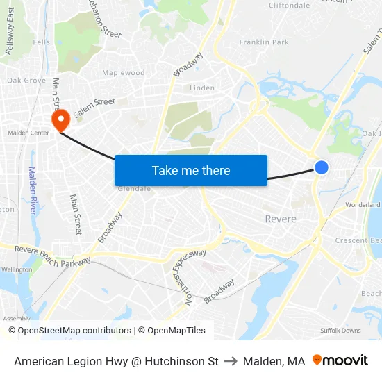 American Legion Hwy @ Hutchinson St to Malden, MA map