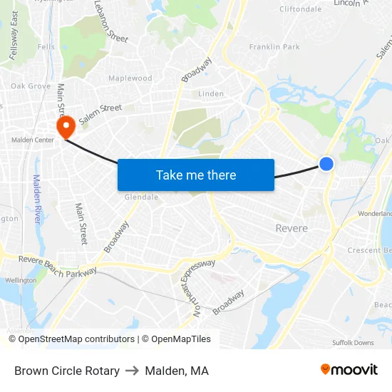 Brown Circle Rotary to Malden, MA map
