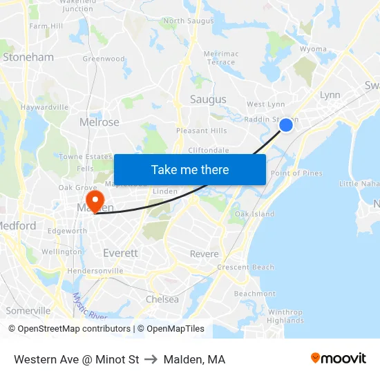 Western Ave @ Minot St to Malden, MA map