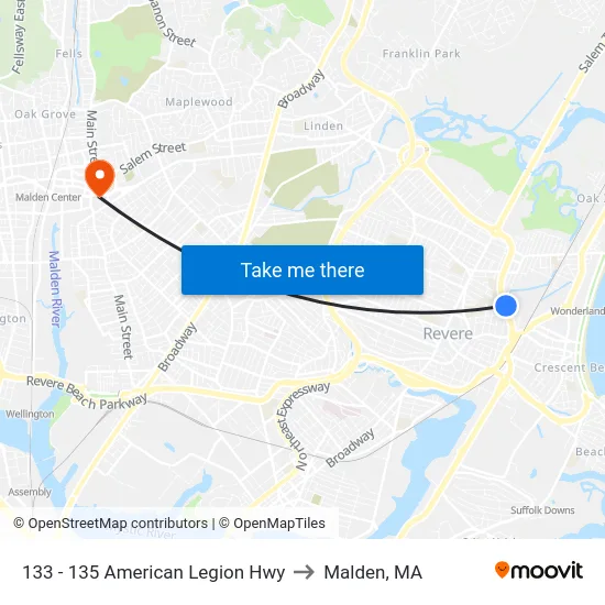 133 - 135 American Legion Hwy to Malden, MA map