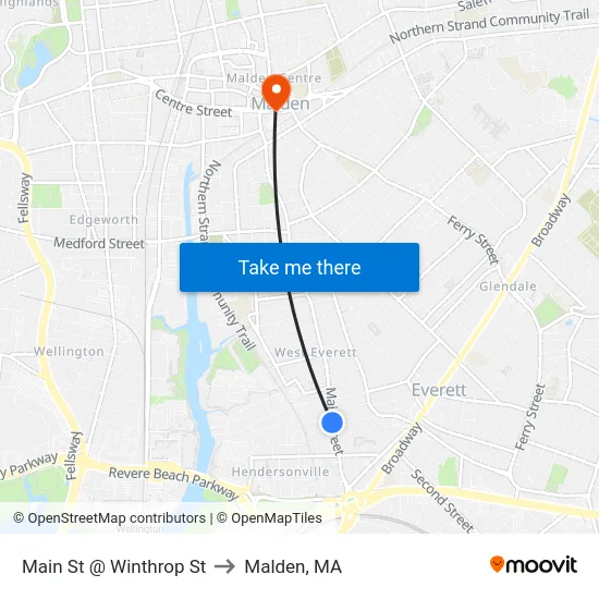 Main St @ Winthrop St to Malden, MA map
