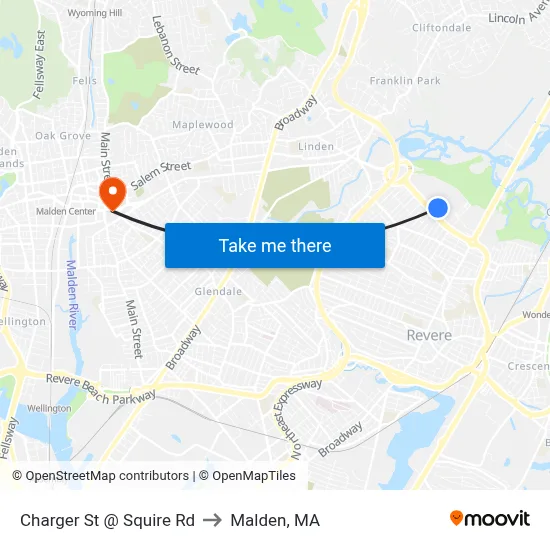 Charger St @ Squire Rd to Malden, MA map
