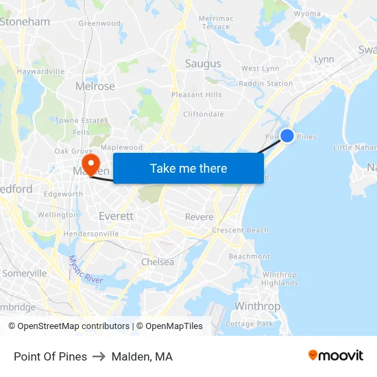 Point Of Pines to Malden, MA map