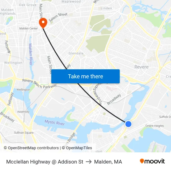 Mcclellan Highway @ Addison St to Malden, MA map