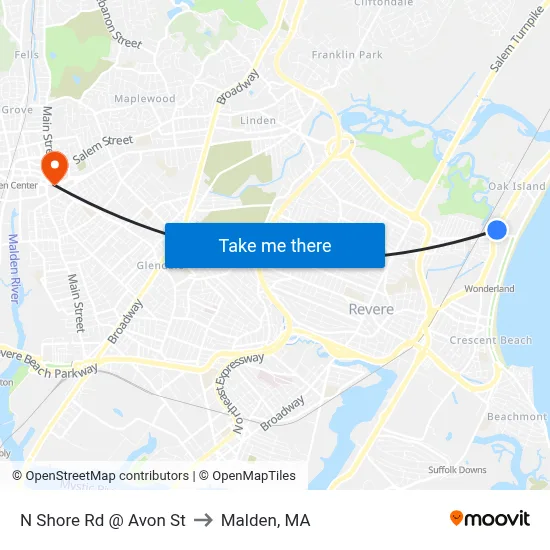 N Shore Rd @ Avon St to Malden, MA map