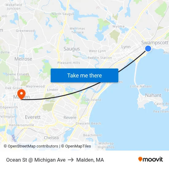 Ocean St @ Michigan Ave to Malden, MA map