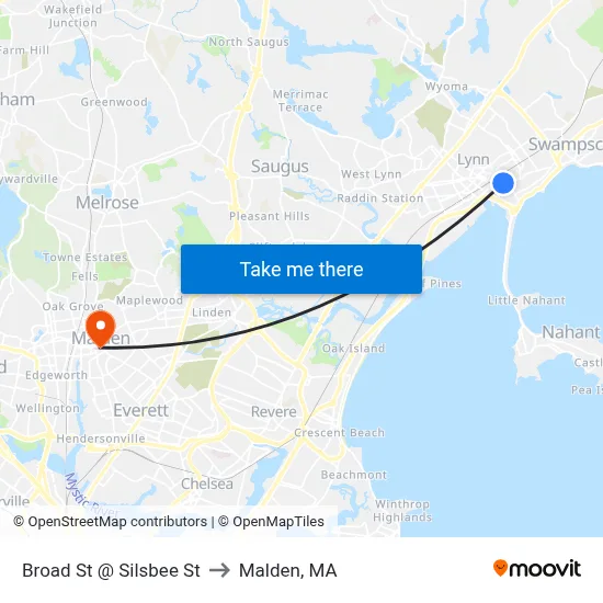 Broad St @ Silsbee St to Malden, MA map