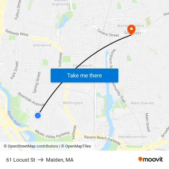 61 Locust St to Malden, MA map