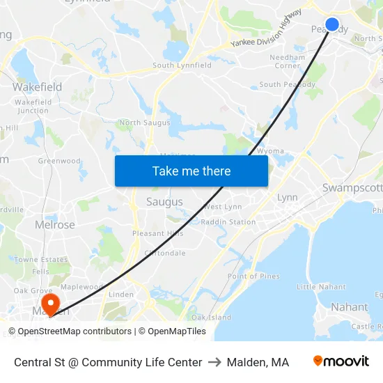 Central St @ Community Life Center to Malden, MA map