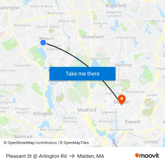 Pleasant St @ Arlington Rd to Malden, MA map