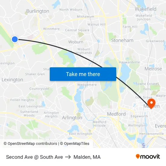 Second Ave @ South Ave to Malden, MA map