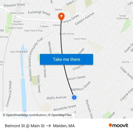Belmont St @ Main St to Malden, MA map