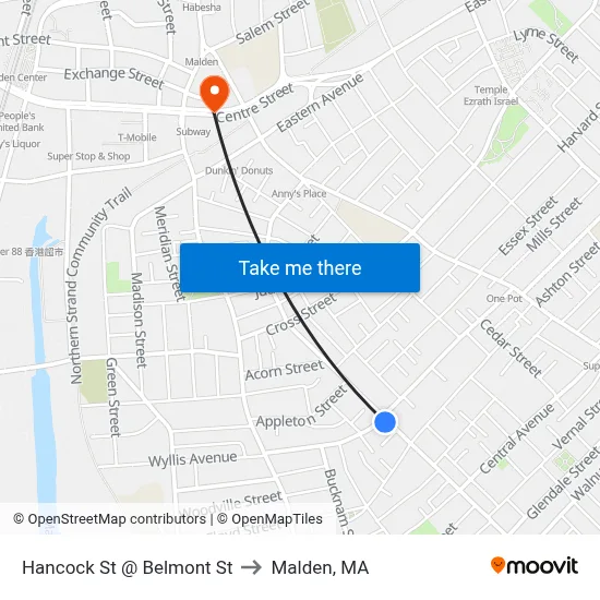 Hancock St @ Belmont St to Malden, MA map