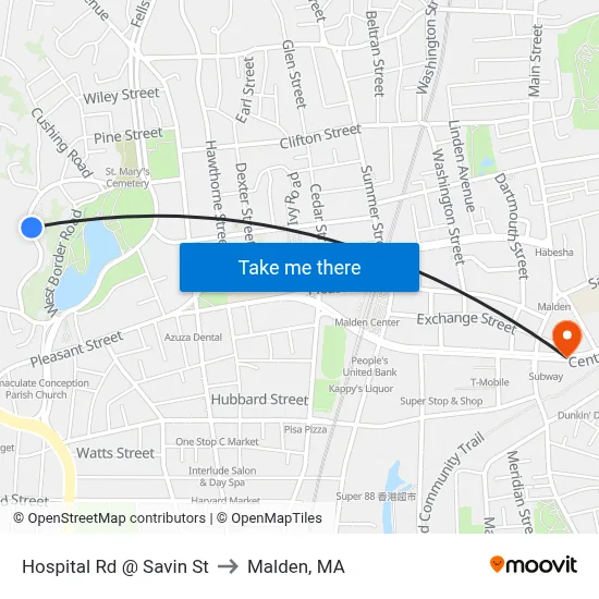 Hospital Rd @ Savin St to Malden, MA map