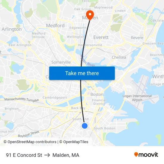 91 E Concord St to Malden, MA map