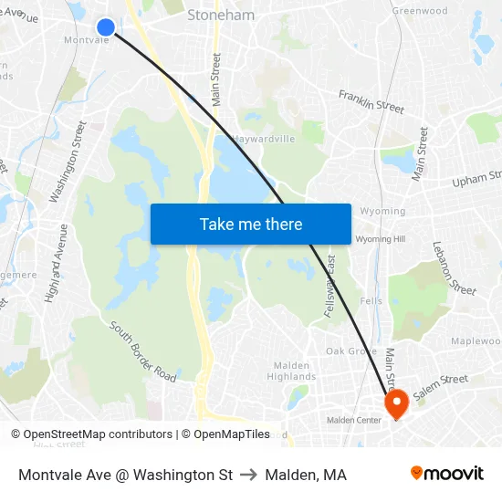 Montvale Ave @ Washington St to Malden, MA map