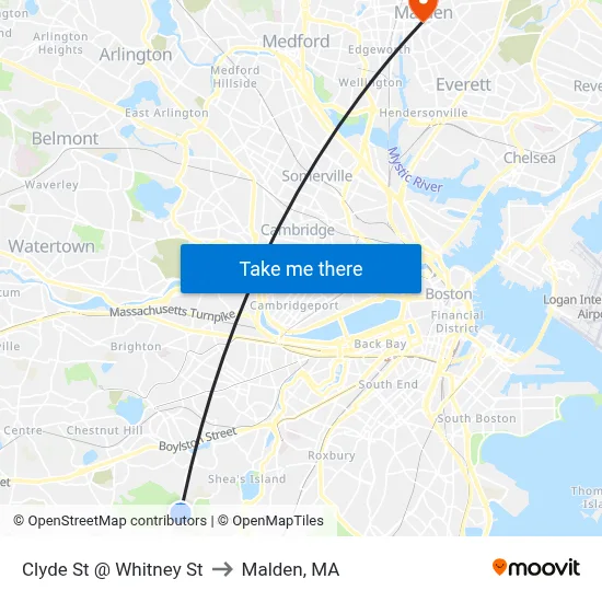 Clyde St @ Whitney St to Malden, MA map