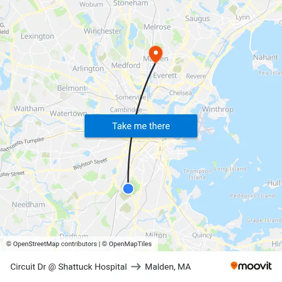 Circuit Dr @ Shattuck Hospital to Malden, MA map