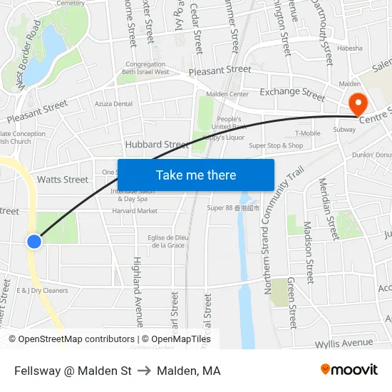 Fellsway @ Malden St to Malden, MA map