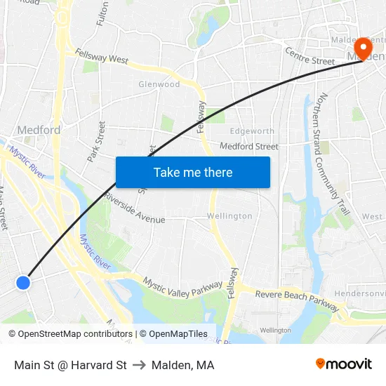 Main St @ Harvard St to Malden, MA map