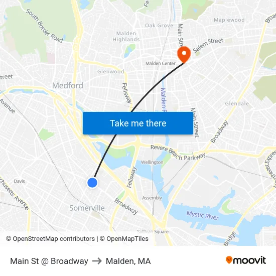 Main St @ Broadway to Malden, MA map