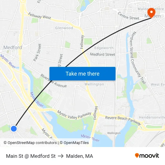 Main St @ Medford St to Malden, MA map