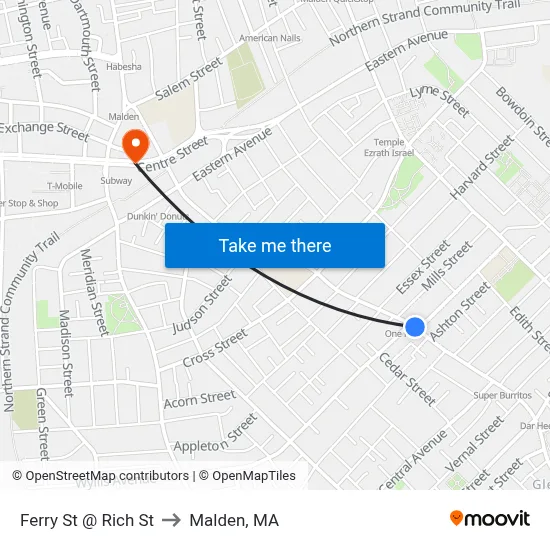 Ferry St @ Rich St to Malden, MA map