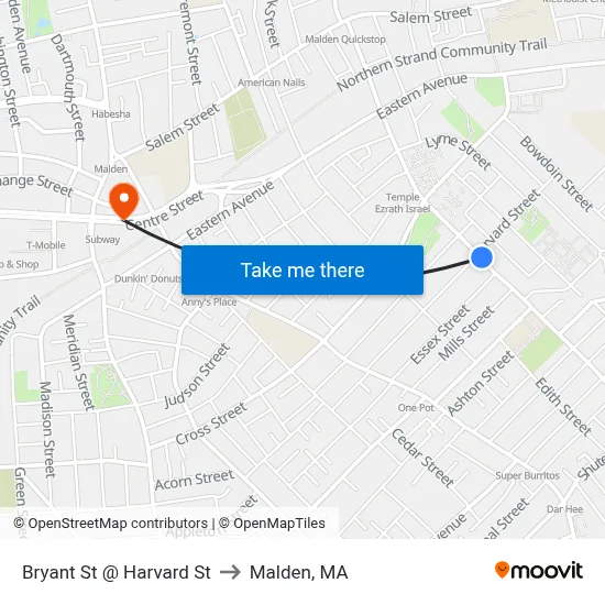 Bryant St @ Harvard St to Malden, MA map
