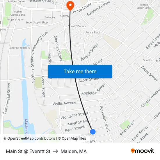 Main St @ Everett St to Malden, MA map