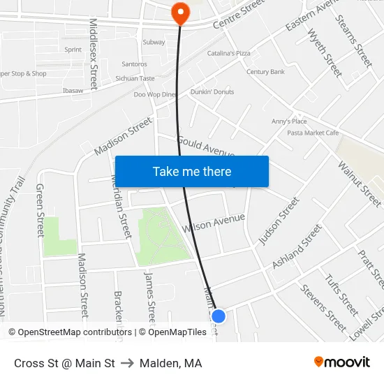 Cross St @ Main St to Malden, MA map