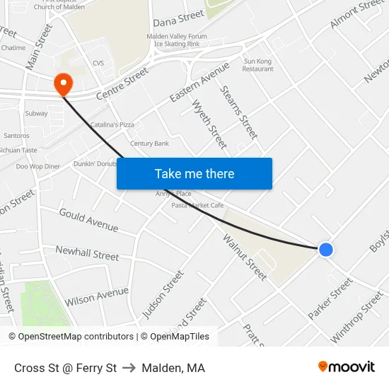 Cross St @ Ferry St to Malden, MA map