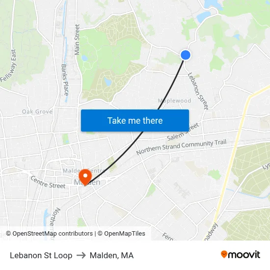 Lebanon St Loop to Malden, MA map