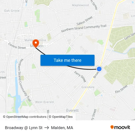 Broadway @ Lynn St to Malden, MA map