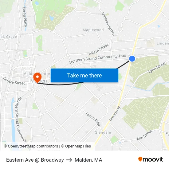 Eastern Ave @ Broadway to Malden, MA map