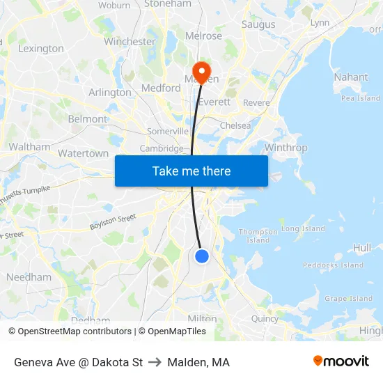Geneva Ave @ Dakota St to Malden, MA map