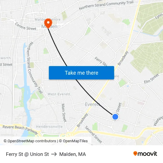 Ferry St @ Union St to Malden, MA map