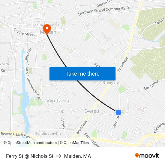 Ferry St @ Nichols St to Malden, MA map